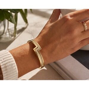 Bangle Bracelet Gold Tone Pave Rhinestone Geometric Art Deco Hinged Clamper 7.25